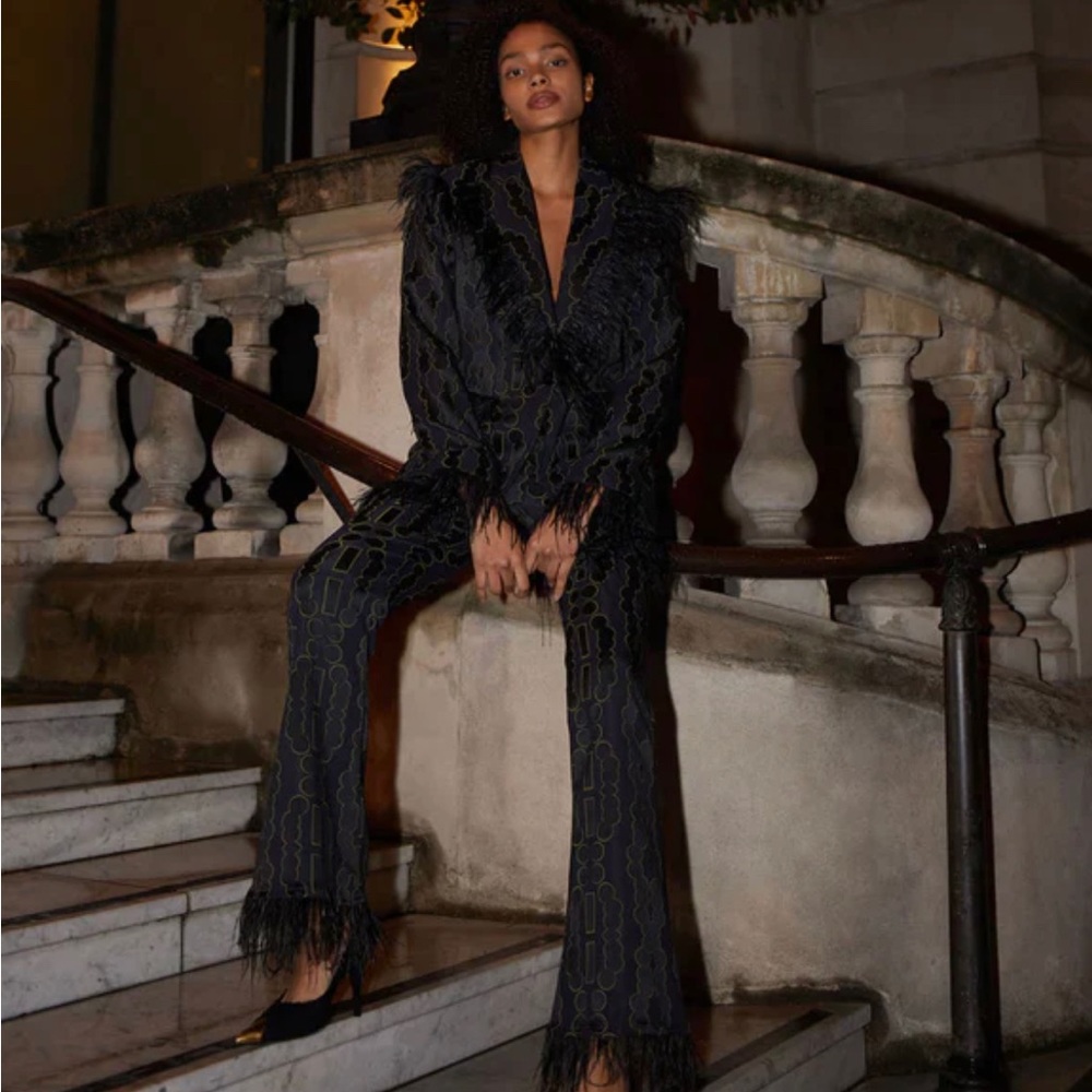 CARA MILA NZURI FEATHER TRIM JACQUARD FLARED TROUSERS brand new